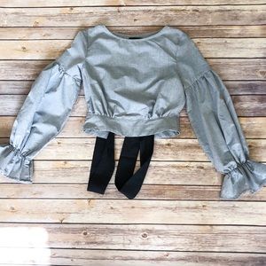 Bluish grey dressy crop blouse with puffy sleeves